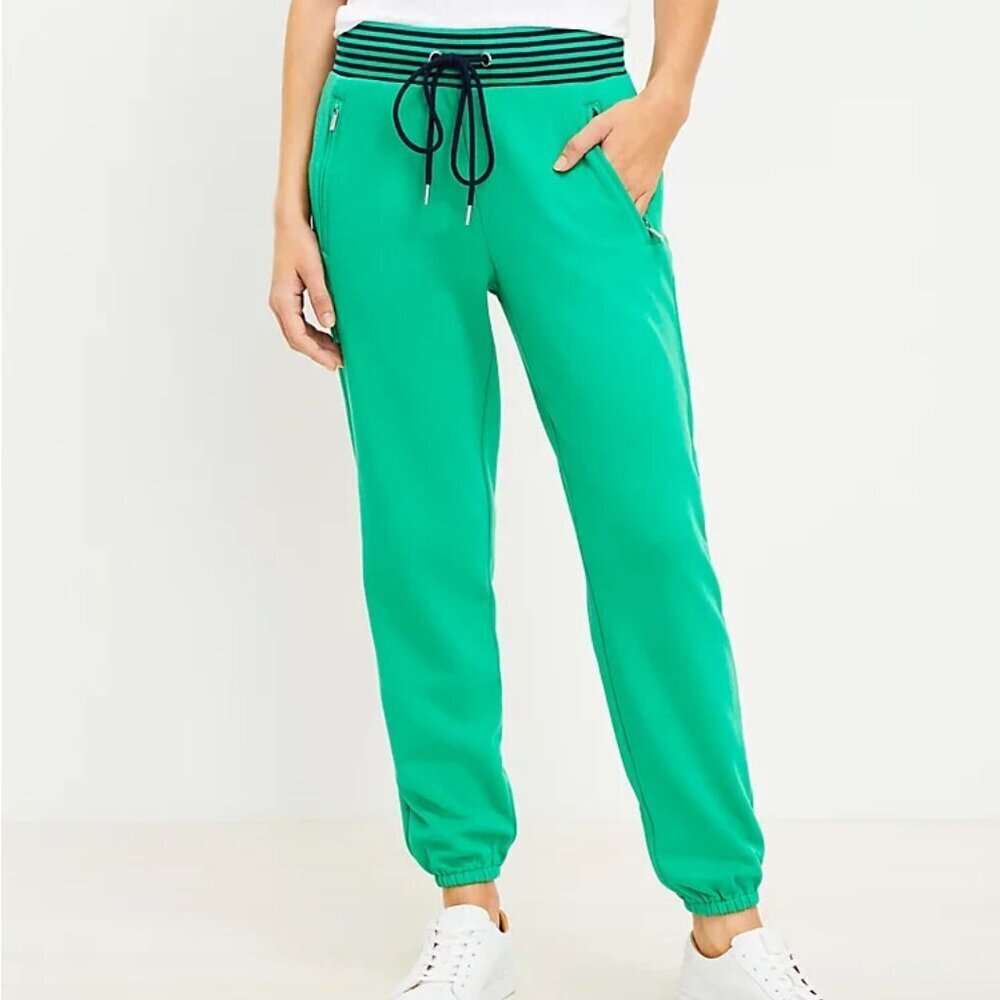 Lou & Grey Striped Ribtrim Cozy Cotton Terry Joggers Green and Navy Size Medium